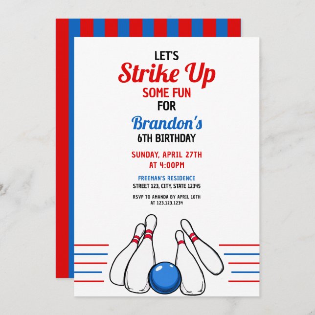 Tecknad Blue & Red Bowling Kids 6e Birthday Inbjudningar (Fram/baksida)