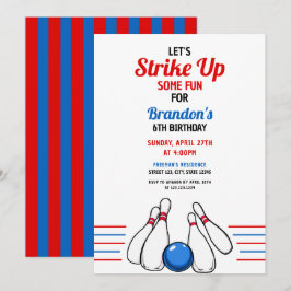Tecknad Blue & Red Bowling Kids 6e Birthday Inbjudningar