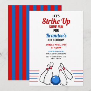 Tecknad Blue & Red Bowling Kids 6e Birthday Inbjudningar