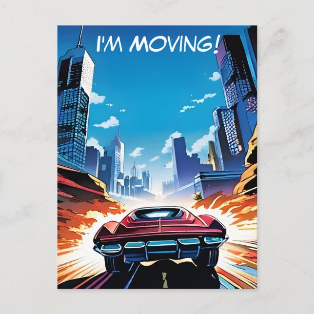 Tecknad Bok bil går snabbt Ny adress Vykort (Framsida)