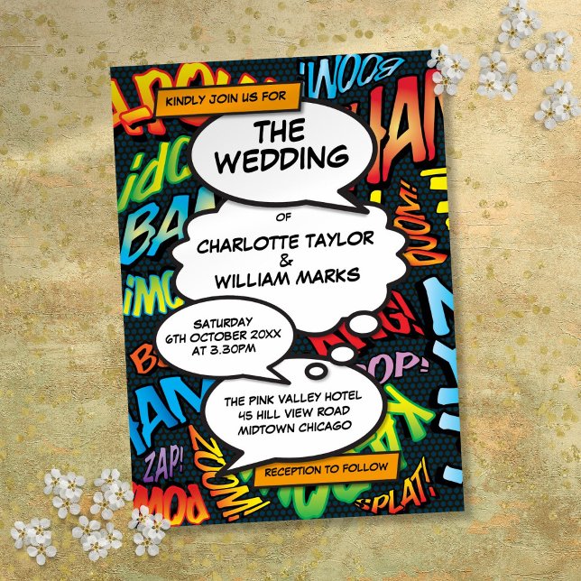 Tecknad Bok Modern Roligt Bröllop Inbjudningar (Comic Book Modern Fun Wedding Invitation)