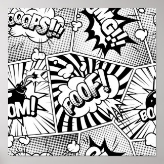 Tecknad Bok Pop Art Black and White Poster