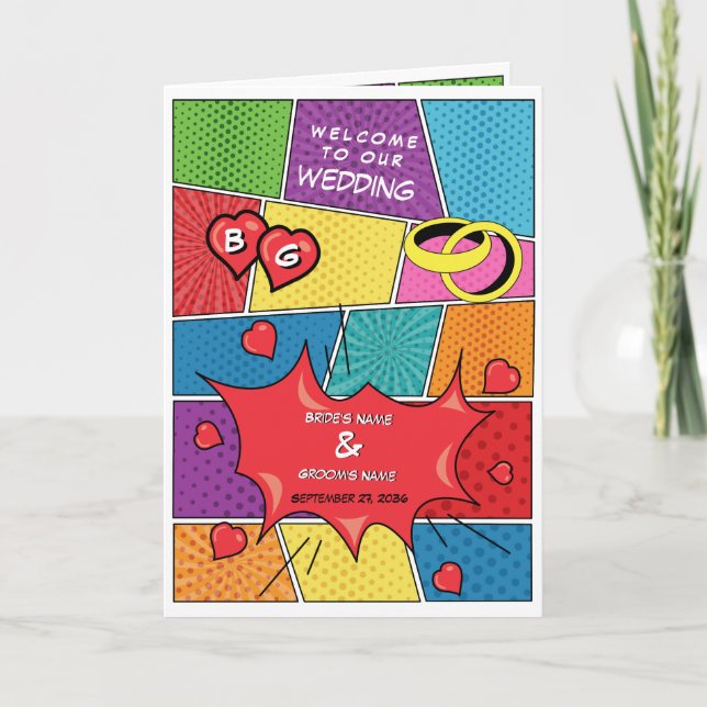 Tecknad Bok Pop Art Bröllop serviceorder Program (Framsida)