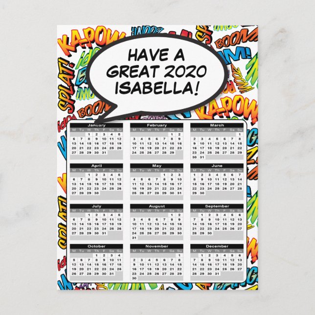 Tecknad Bok Pop Art Tal Bubble 2020 Calendar Vykort (Framsida)