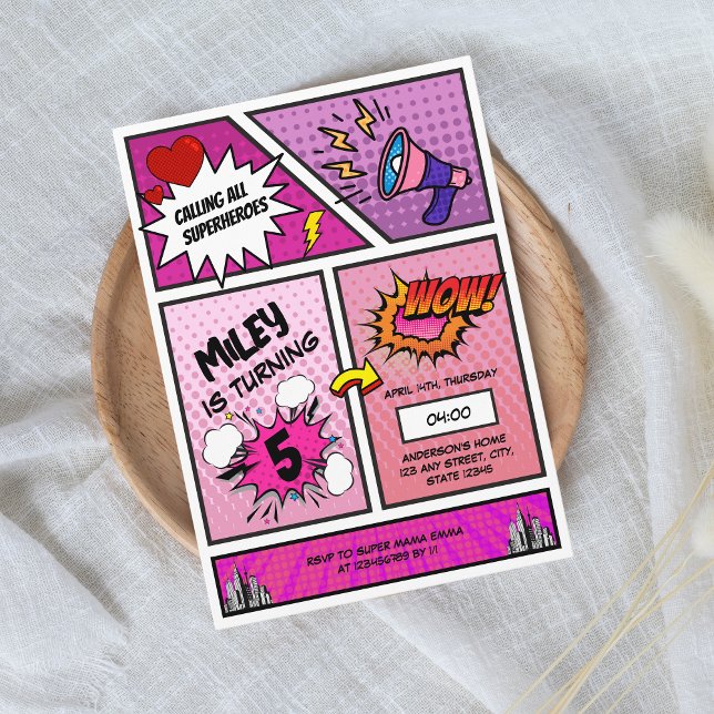 Tecknad Bok Superassistance Unique Girl's Birthday Inbjudningar (Comic book Superhero Girl's birthday invitation)