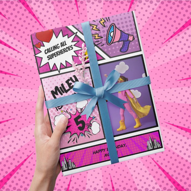 Tecknad Bok Superassistance Unique Girl's Birthday Presentpapper (Comic Book Superhero Pink Photo Personalized Wrapping Paper)