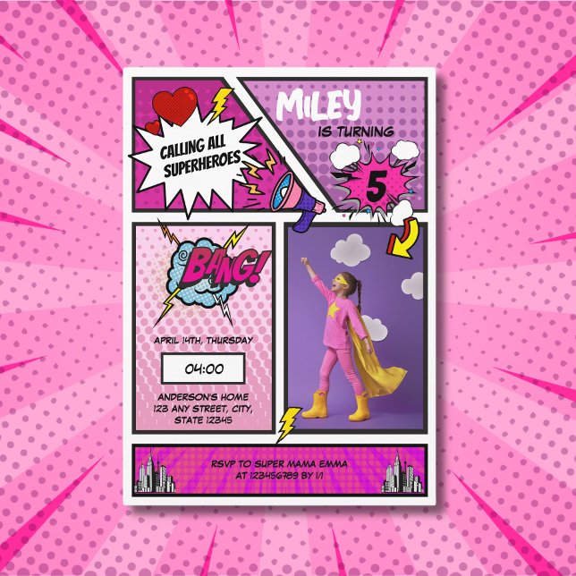 Tecknad Bok Superassistance Unique Girl's Photo Bi Inbjudningar (pink comic book superhero photo girls birthday invitation)