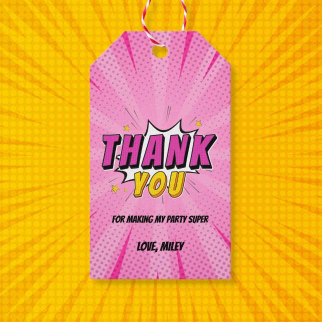 Tecknad Bok Superchrast Girl Rosa Birthday Tack Presentetikett (Thank you gift tag for superhero themed birthday party)