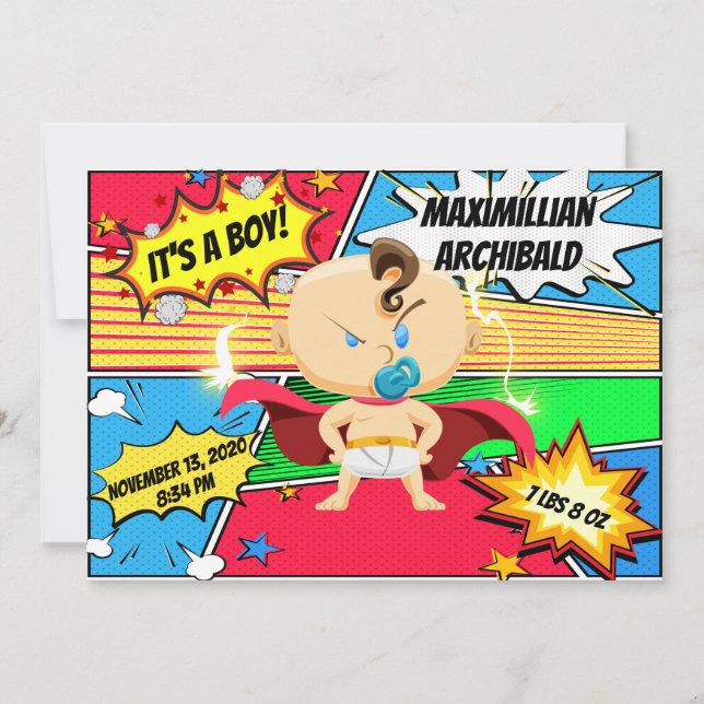 Tecknad Bok Superhjälte Birth-annonsen Meddelande (Framsida)