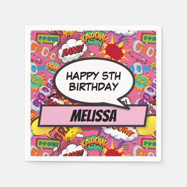 Tecknad Bok Superhjälte Födelsedagsfest Rosa Pappersservett (Framsidan)