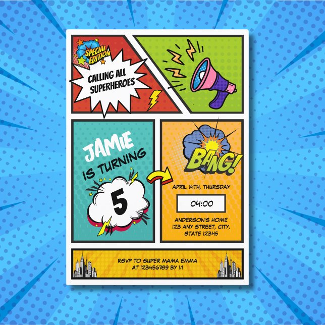 Tecknad Bok Superhjälte Unik Boy's Birthday Inbjudningar (Comic book superhero invitation birthday)