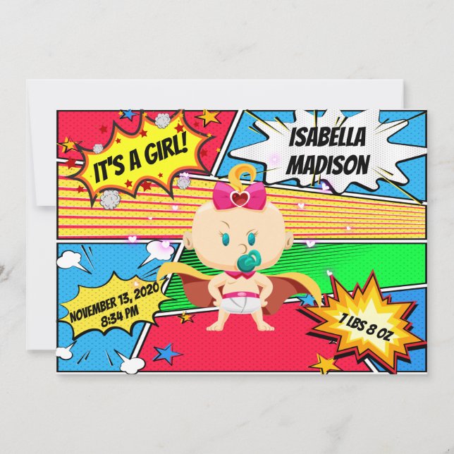 Tecknad Bok SuperphilGirl Birth Notice Meddelande (Framsida)