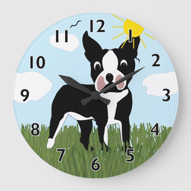 Tecknad Boston Terrier Clock Stor Klocka (Framsida)