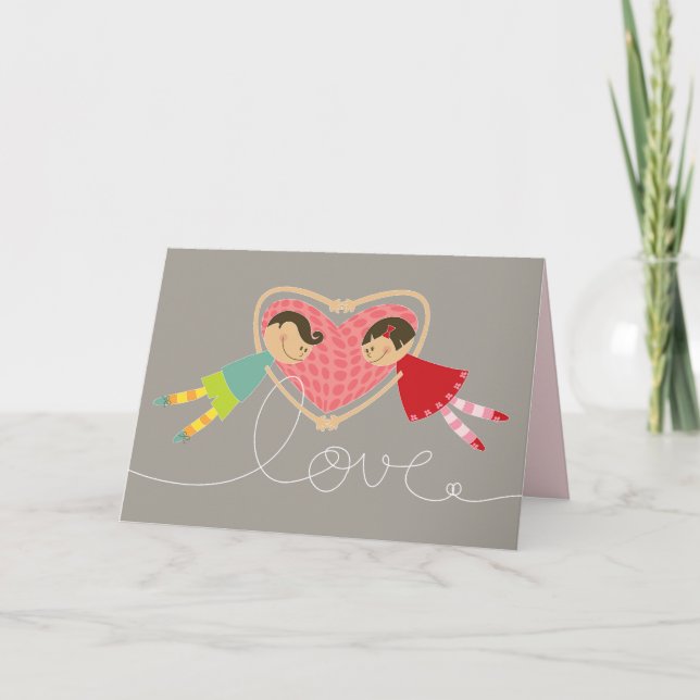 Tecknad Boy & Girl Holding Händer i Kärlek Valenti Helgkort (Framsida)