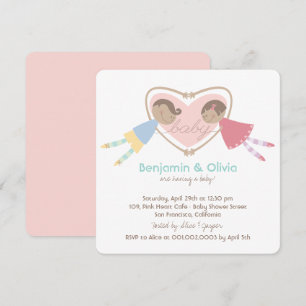 Tecknad Boy Hearts Girl Kärlek Par Baby Shower Inbjudningar