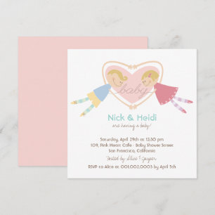 Tecknad Boy Hearts Girl Kärlek Par Baby Shower Inbjudningar