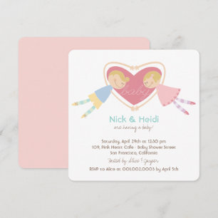 Tecknad Boy Hearts Girl Kärlek Par Baby Shower Inbjudningar