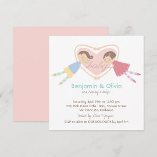 Tecknad Boy Hearts Girl Kärlek Par Baby Shower Inbjudningar