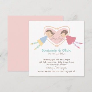 Tecknad Boy Hearts Girl Kärlek Par Baby Shower Inbjudningar