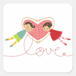 Tecknad Boy Hearts Girl Valentine Day Sticker Fyrkantigt Klistermärke