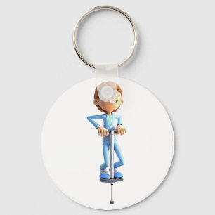 Tecknad Boy på ett Pogo Stick Nyckelring