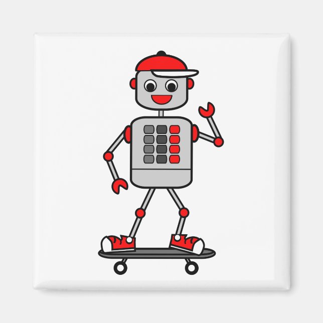 Tecknad Boy Robot på Skateboard Magnet (Framsidan)