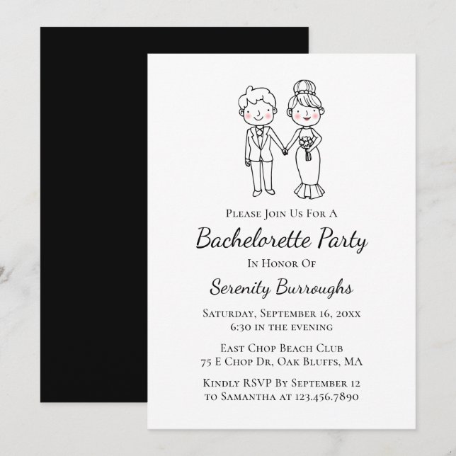 Tecknad Bride Groom Black Bachelorette Party Inbjudningar (Fram/baksida)