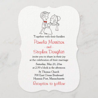 Tecknad Bride & Groom Black, White & Red Bröllop Inbjudningar