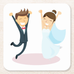 Tecknad Bride & Groom Bröllop Underlägg Papper Kvadrat