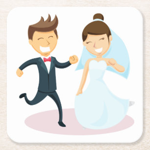 Tecknad Bride & Groom Dancing Bröllop Ny gifta Underlägg Papper Kvadrat