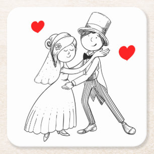 Tecknad Bride & Groom Dancing Bröllop Ny gifta Underlägg Papper Kvadrat