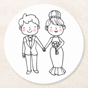 Tecknad Bride Groom Tack Whimsical Bröllop Underlägg Papper Rund