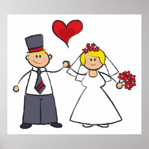 Tecknad Bröllop par Bride & Groom Red Heart Poster