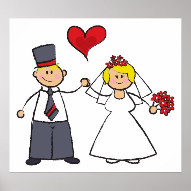 Tecknad Bröllop par Bride & Groom Red Heart Poster (Framsidan)