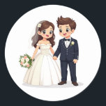 Tecknad Bröllop par Stickers Runt Klistermärke<br><div class="desc">Välgörliga tecknad-klistermärken med en groom- och bridhållare som håller händer,  perfekt för par och bröllop firande!</div>