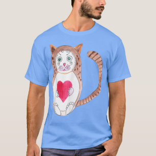 Tecknad Brown Russian Cat Ntesting Doll Red Heart T Shirt
