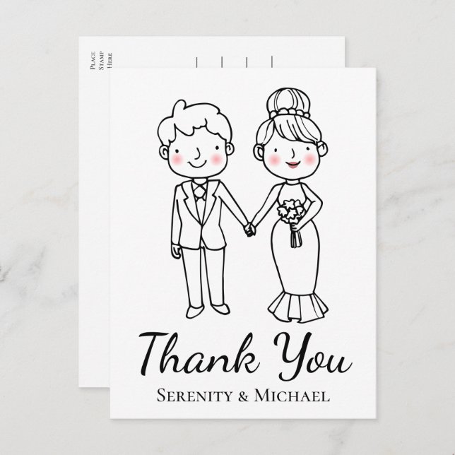 Tecknad Brud Brudgum Nyckfull Bröllop Tack Vykort (Fram/baksida)