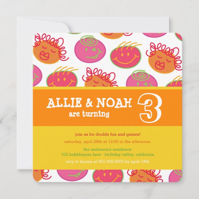 Tecknad bubbelgummiansikte Tvillingar Födelsedagsi Inbjudningar (Framsida)