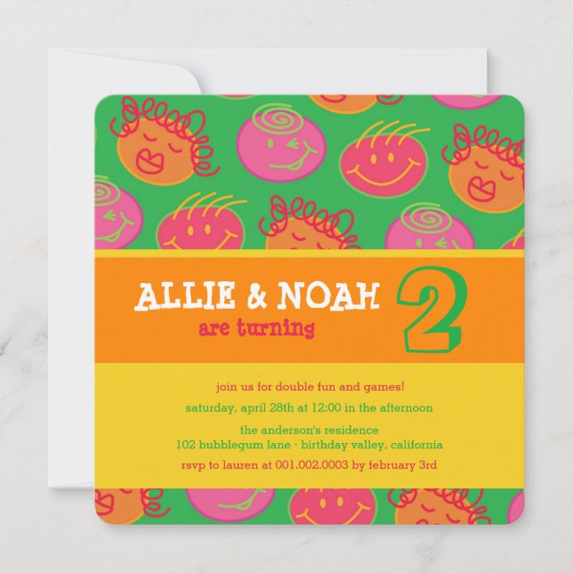 Tecknad Bubblegum Ansikte Twillingars Birthday Pho Inbjudningar (Framsida)