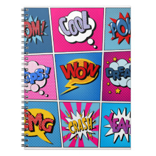 Tecknad Bubbles Set. Uttrycksbom, Coola, Pow, Oop Anteckningsbok