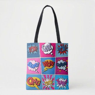 Tecknad Bubbles Set. Uttrycksbom, Coola, Pow, Oop Tygkasse