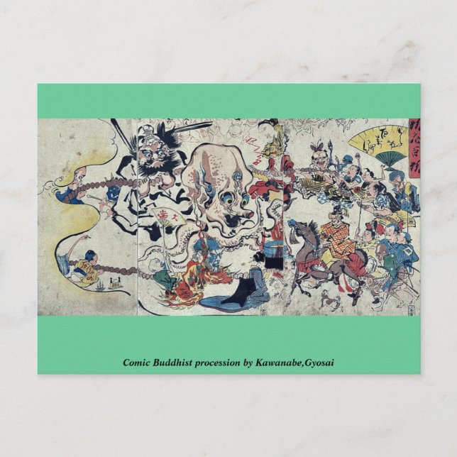 Tecknad Buddhist procession av Kawanabe,Gyosai Vykort (Framsida)