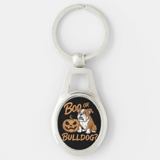 Tecknad Bulldog Halloween: Pop Art Ovalt Silverfärgad Nyckelring (Framsidan)