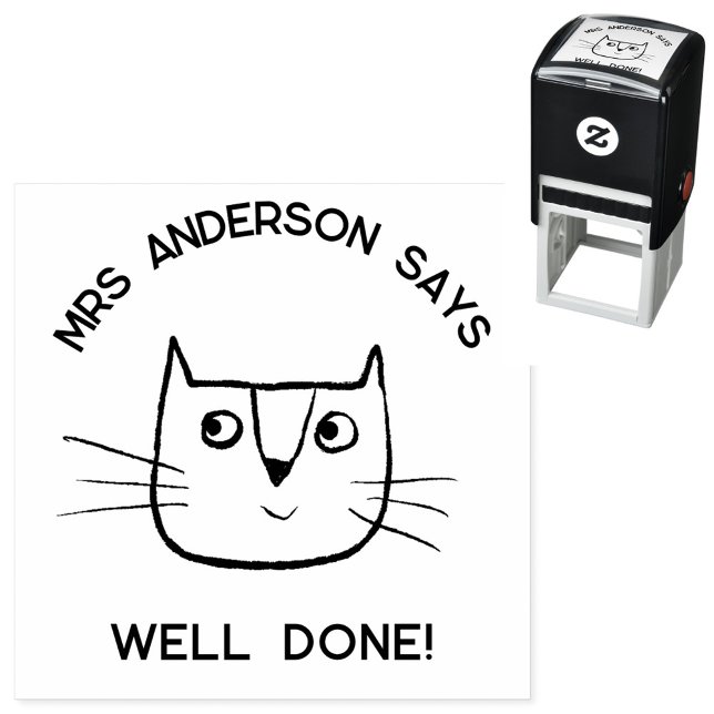 Tecknad Cat för Roligten Lärare Namn Encouragement Självfärgande Stämpel (Fun cartoon cat personalized teacher name well done school classroom encouragement self inking stamp)