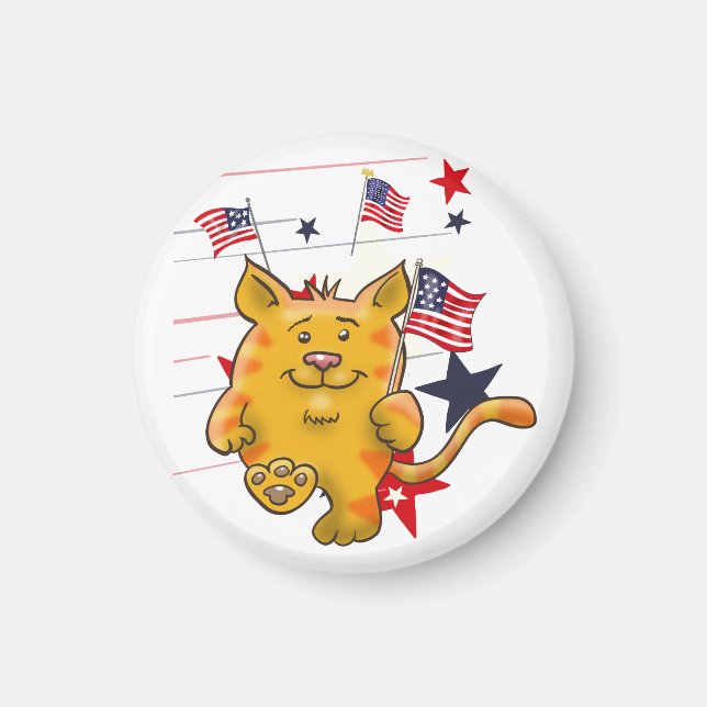 Tecknad Cat med amerikansk Flagga Magnet (Framsidan)