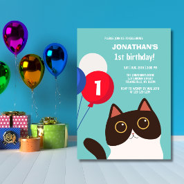 Tecknad Cat Rainbow Balloon Barns födelsedag Inbjudningar