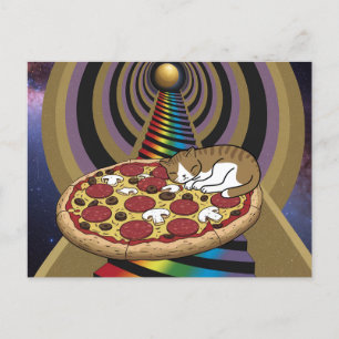 Tecknad Cat Spipande på ett Pizza Vykort