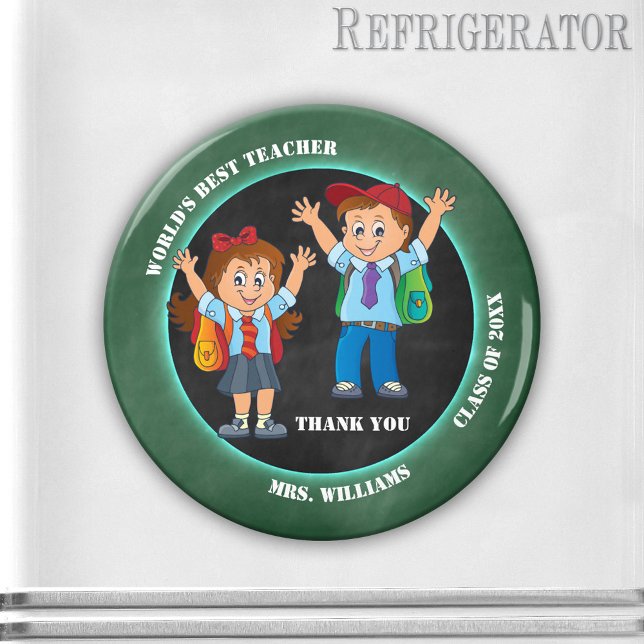 Tecknad Chalkboard Teacher Tack Magnet (Cute cartoon magnet featuring happy kids on a blackboard - teacher appreciation - end of the year)