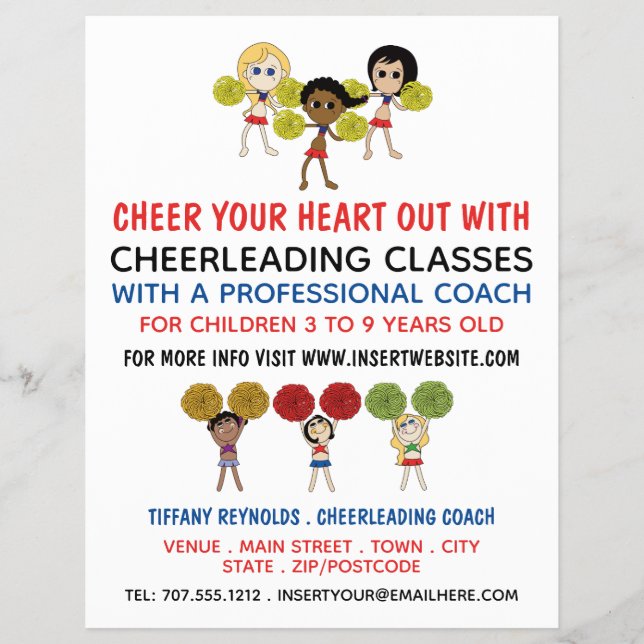Tecknad Cheerwriter Design, Cheerlead Classes Reklamblad (Framsidan)