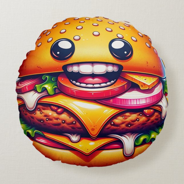 Tecknad Cheeseburger Round Pillow - Whimsical Rund Kudde (Framsidan)